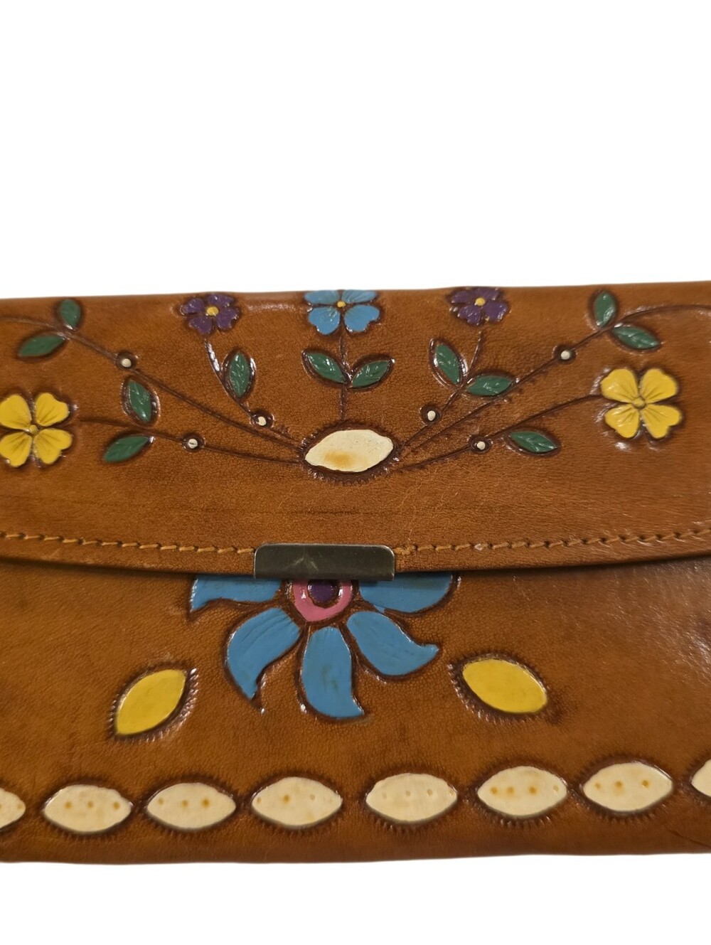 Vintage Brown Leather Wallet with Multicolor Floral Appliqué - Picture 7 of 14